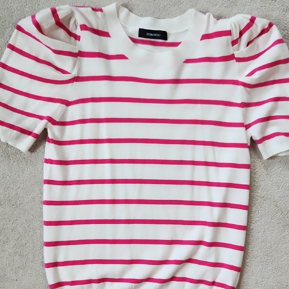 DODOOO White & Hot Pink Striped Crewneck Sweater